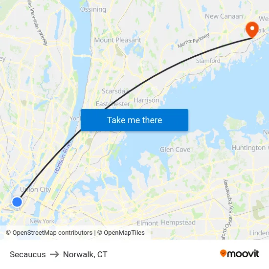Secaucus to Norwalk, CT map