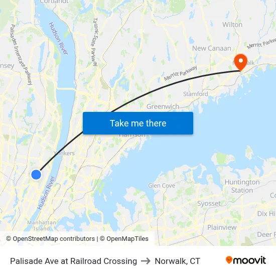 Palisade Ave at Railroad Crossing to Norwalk, CT map