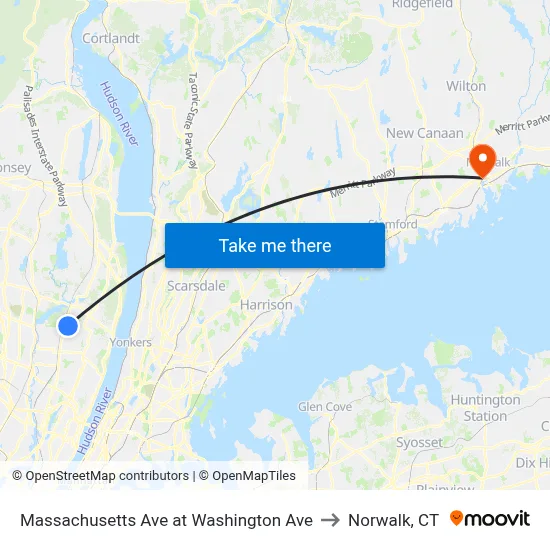 Massachusetts Ave at Washington Ave to Norwalk, CT map