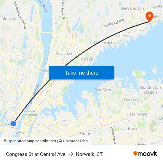 Congress St at Central Ave to Norwalk, CT map