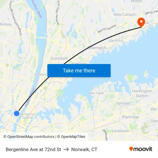 Bergenline Ave at 72nd St to Norwalk, CT map