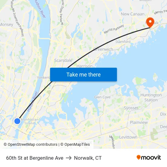 60th St at Bergenline Ave to Norwalk, CT map
