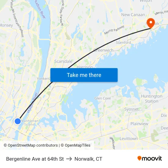 Bergenline Ave at 64th St to Norwalk, CT map