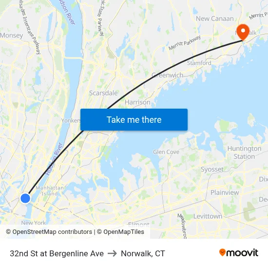 32nd St at Bergenline Ave to Norwalk, CT map
