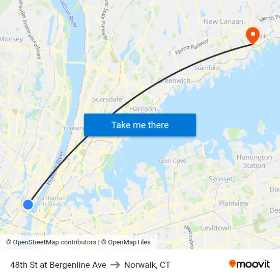 48th St at Bergenline Ave to Norwalk, CT map