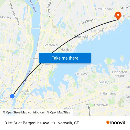 31st St at Bergenline Ave to Norwalk, CT map