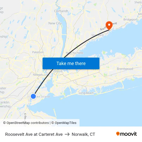 Roosevelt Ave at Carteret Ave to Norwalk, CT map
