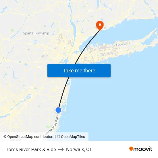 Toms River Park & Ride to Norwalk, CT map