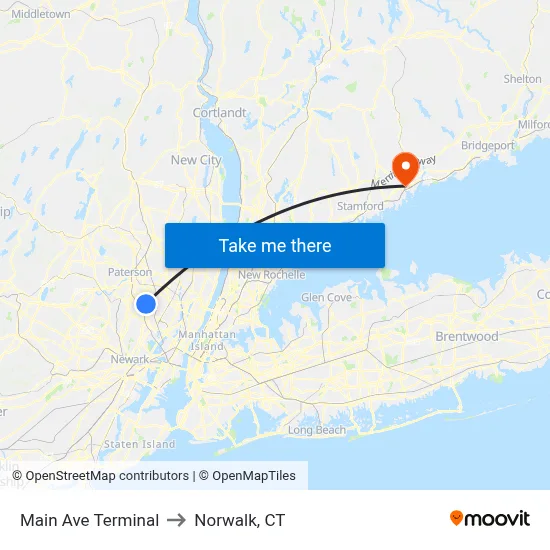 Main Ave Terminal to Norwalk, CT map