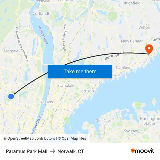 Paramus Park Mall to Norwalk, CT map