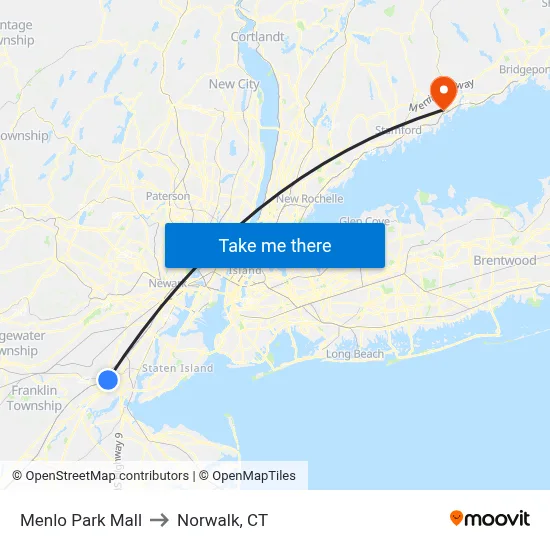 Menlo Park Mall to Norwalk, CT map