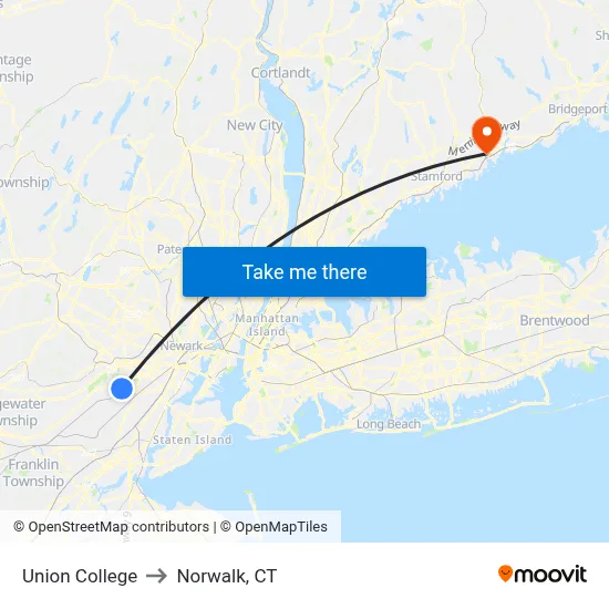 Union College to Norwalk, CT map