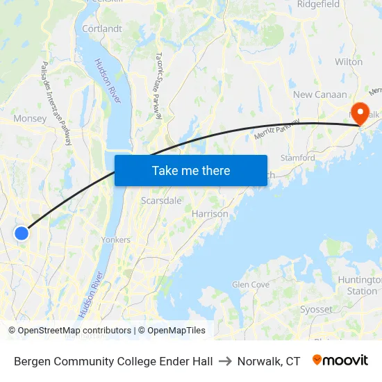 Bergen Community College Ender Hall to Norwalk, CT map