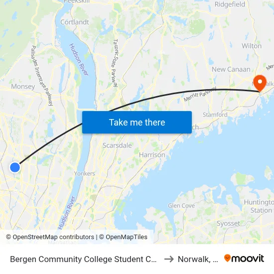 Bergen Community College Student Center to Norwalk, CT map