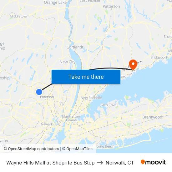 Wayne Hills Mall at Shoprite Bus Stop to Norwalk, CT map