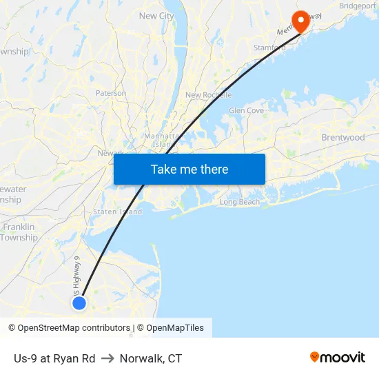 Us-9 at Ryan Rd to Norwalk, CT map