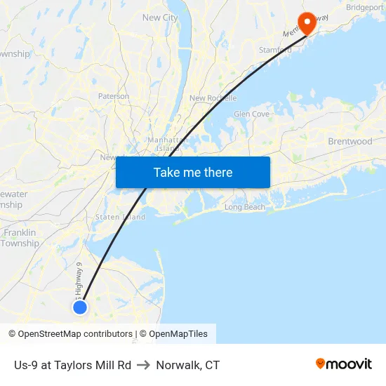 Us-9 at Taylors Mill Rd to Norwalk, CT map