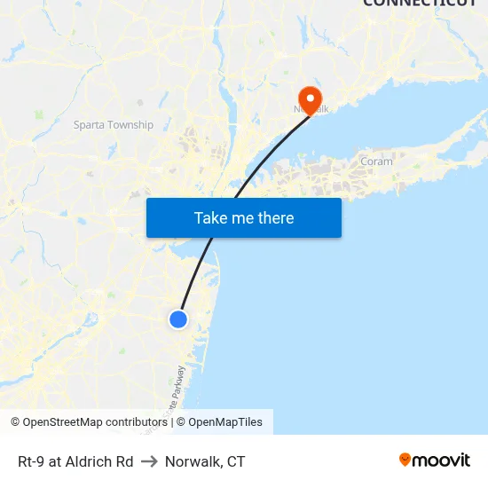 Rt-9 at Aldrich Rd to Norwalk, CT map