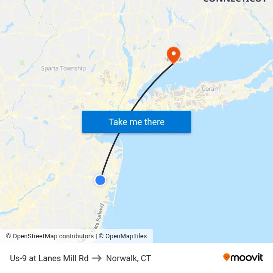 Us-9 at Lanes Mill Rd to Norwalk, CT map