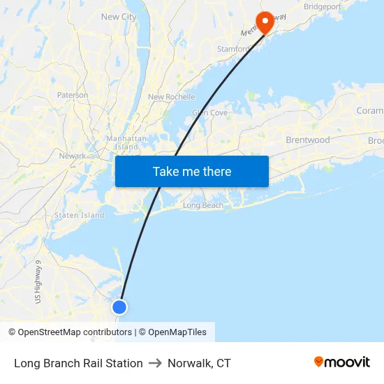 Long Branch Rail Station to Norwalk, CT map