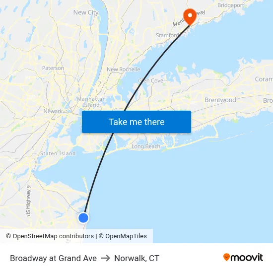 Broadway at Grand Ave to Norwalk, CT map