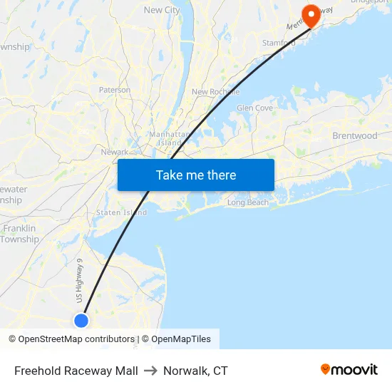 Freehold Raceway Mall to Norwalk, CT map