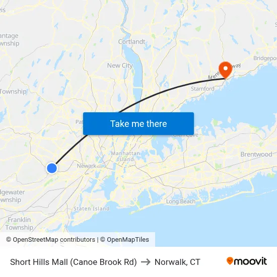 Short Hills Mall (Canoe Brook Rd) to Norwalk, CT map