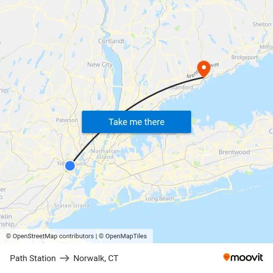 Path Station to Norwalk, CT map