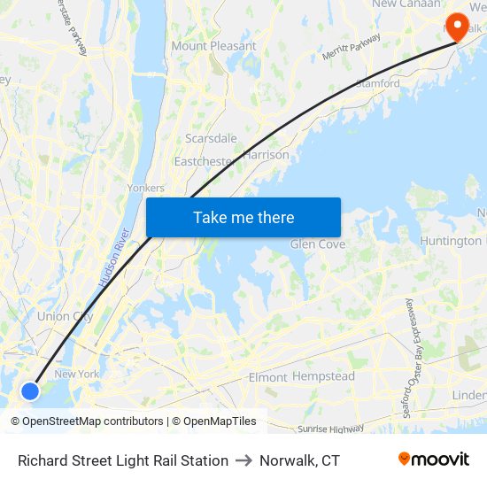 Richard Street Light Rail Station to Norwalk, CT map