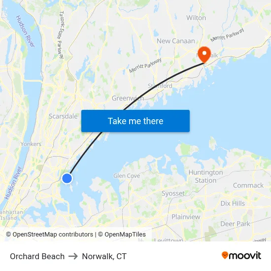 Orchard Beach to Norwalk, CT map
