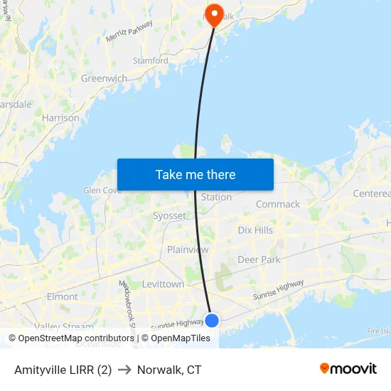 Amityville LIRR (2) to Norwalk, CT map