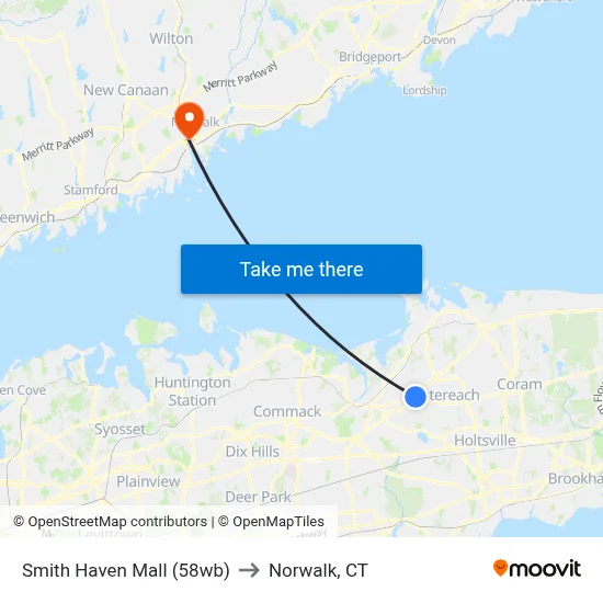 Smith Haven Mall (58wb) to Norwalk, CT map