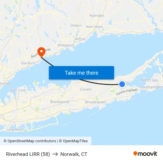 Riverhead LIRR (58) to Norwalk, CT map