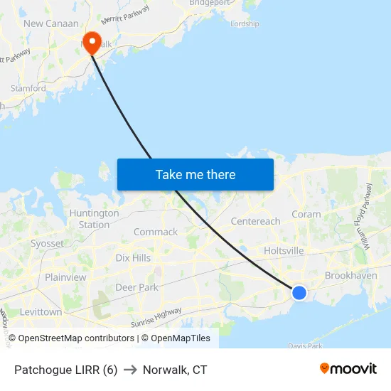 Patchogue LIRR (6) to Norwalk, CT map
