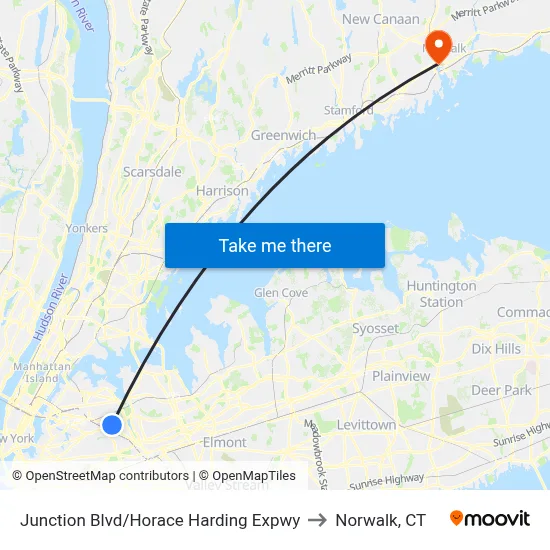 Junction Blvd/Horace Harding Expwy to Norwalk, CT map