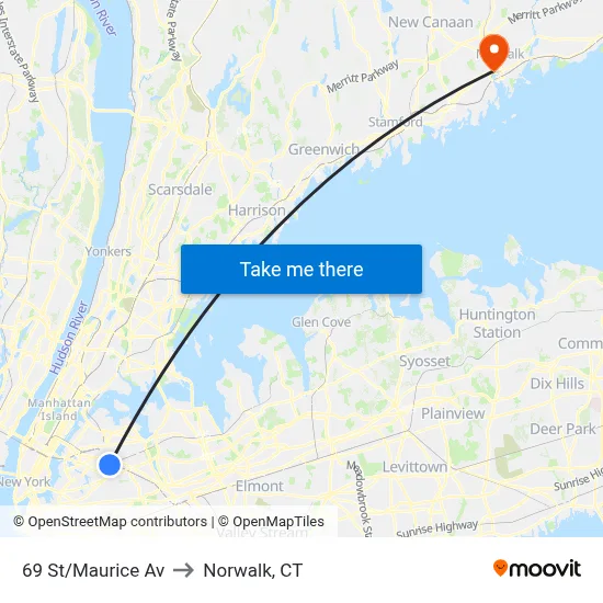 69 St/Maurice Av to Norwalk, CT map