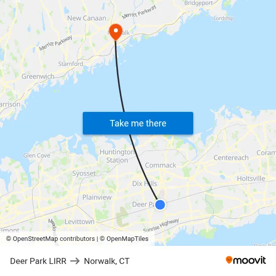 Deer Park LIRR to Norwalk, CT map