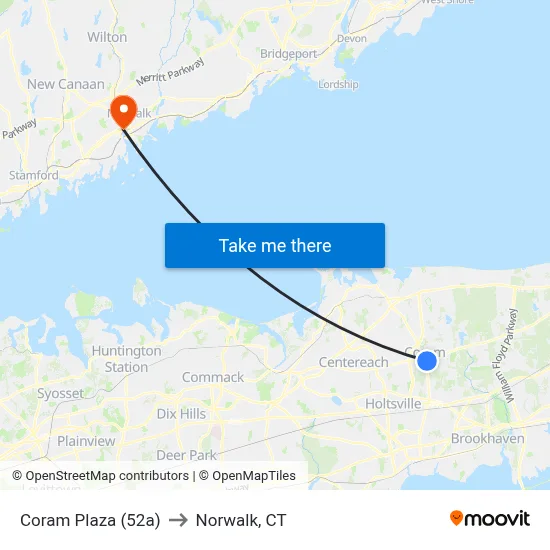 Coram Plaza (52a) to Norwalk, CT map