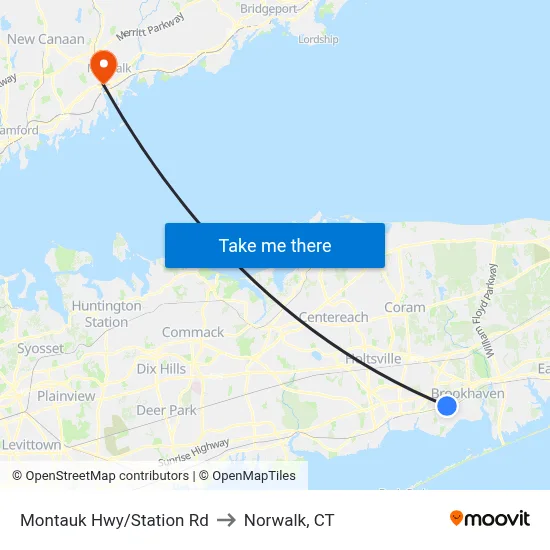 Montauk Hwy/Station Rd to Norwalk, CT map