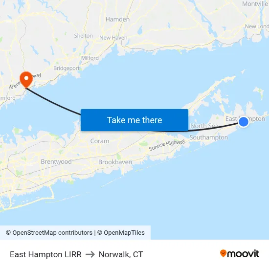East Hampton LIRR to Norwalk, CT map