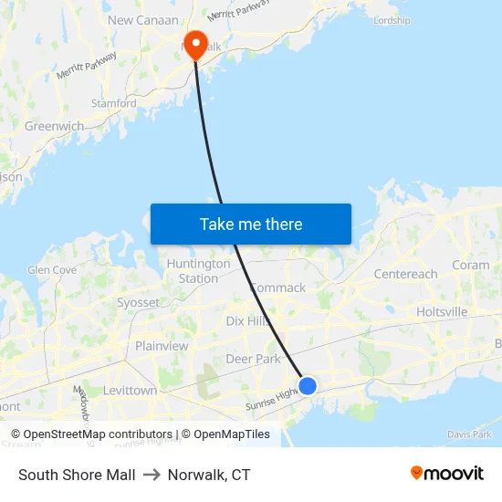 South Shore Mall to Norwalk, CT map