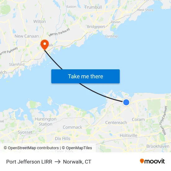 Port Jefferson LIRR to Norwalk, CT map