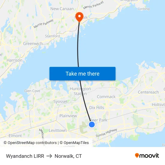 Wyandanch LIRR to Norwalk, CT map