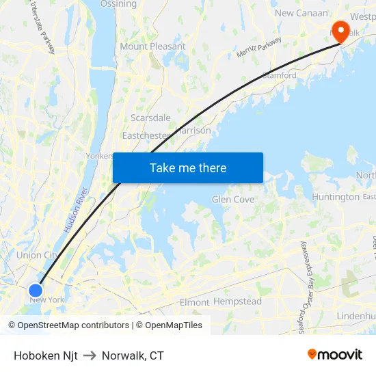 Hoboken Njt to Norwalk, CT map