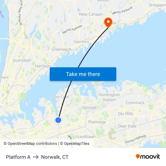 Platform A to Norwalk, CT map