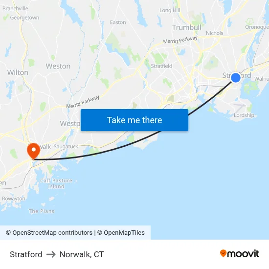 Stratford to Norwalk, CT map