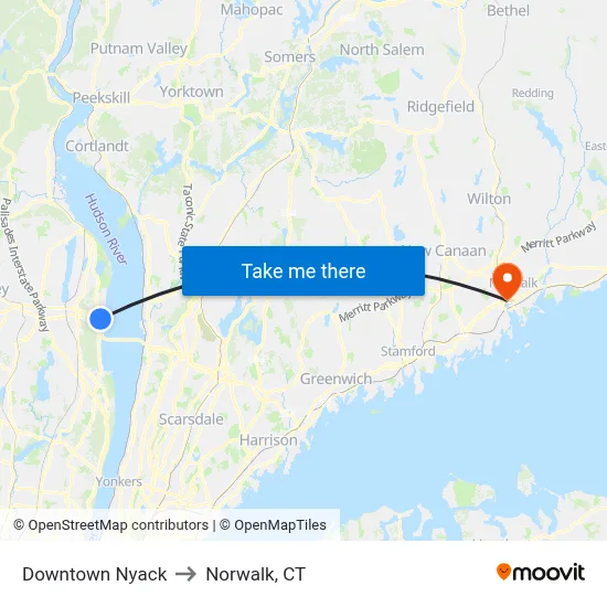 Downtown Nyack to Norwalk, CT map