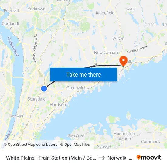 White Plains - Train Station (Main / Bank) to Norwalk, CT map