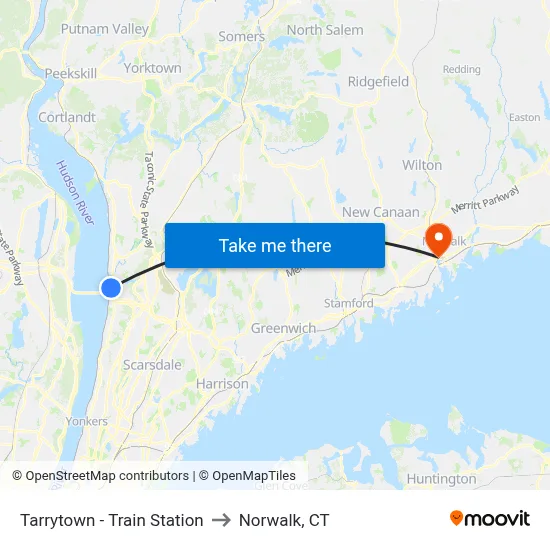 Tarrytown - Train Station to Norwalk, CT map
