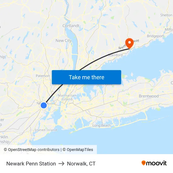 Newark Penn Station to Norwalk, CT map